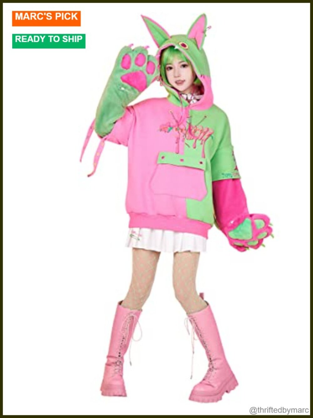 Pullover Hoodie with Detachable Paw Gloves, Faux Fur